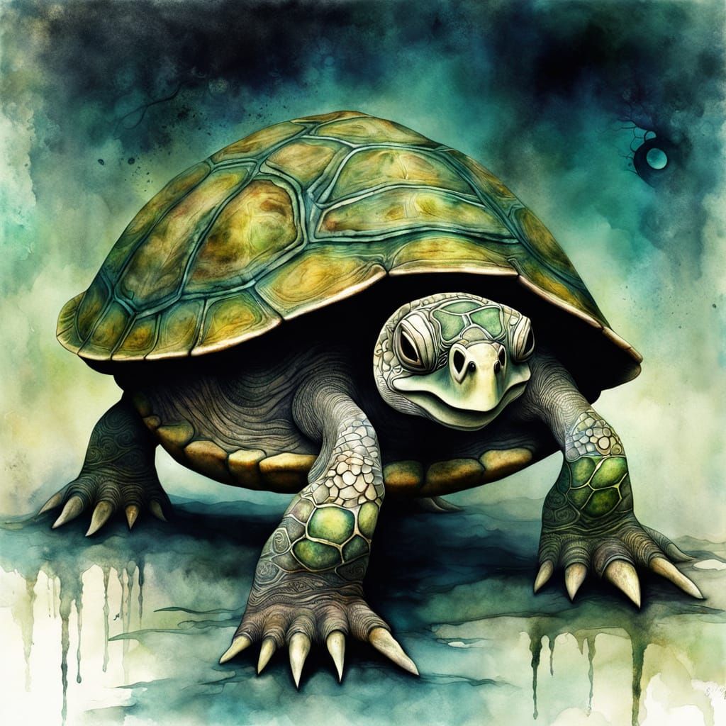 Surreal Ancient Turtle Painting With Whimsical Touches
