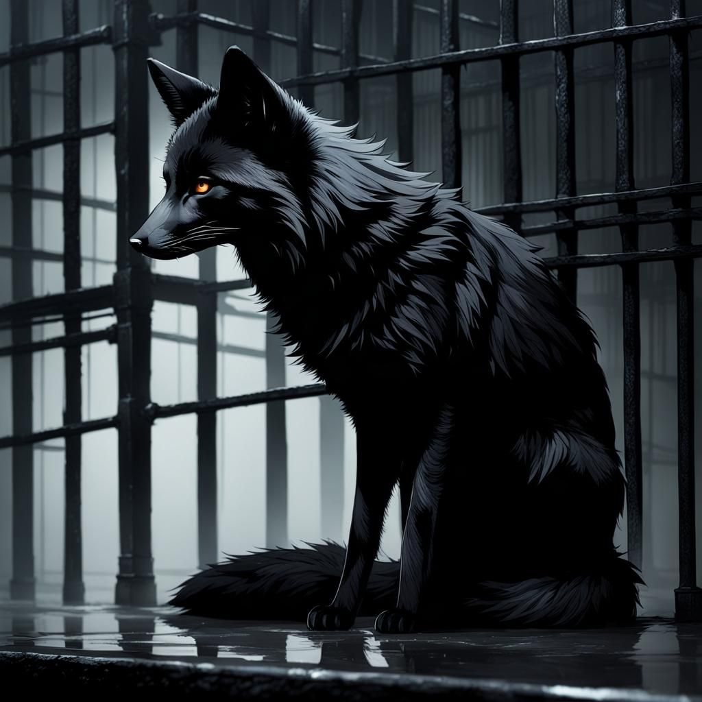 Realistic Black Fox in Dark Prison, Detailed Digital Art