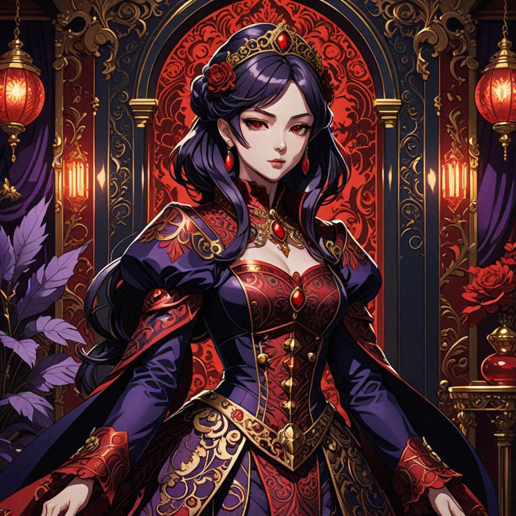 Sensual Anime Duchess Adorns Luxurious, Crimson-Lit Chamber