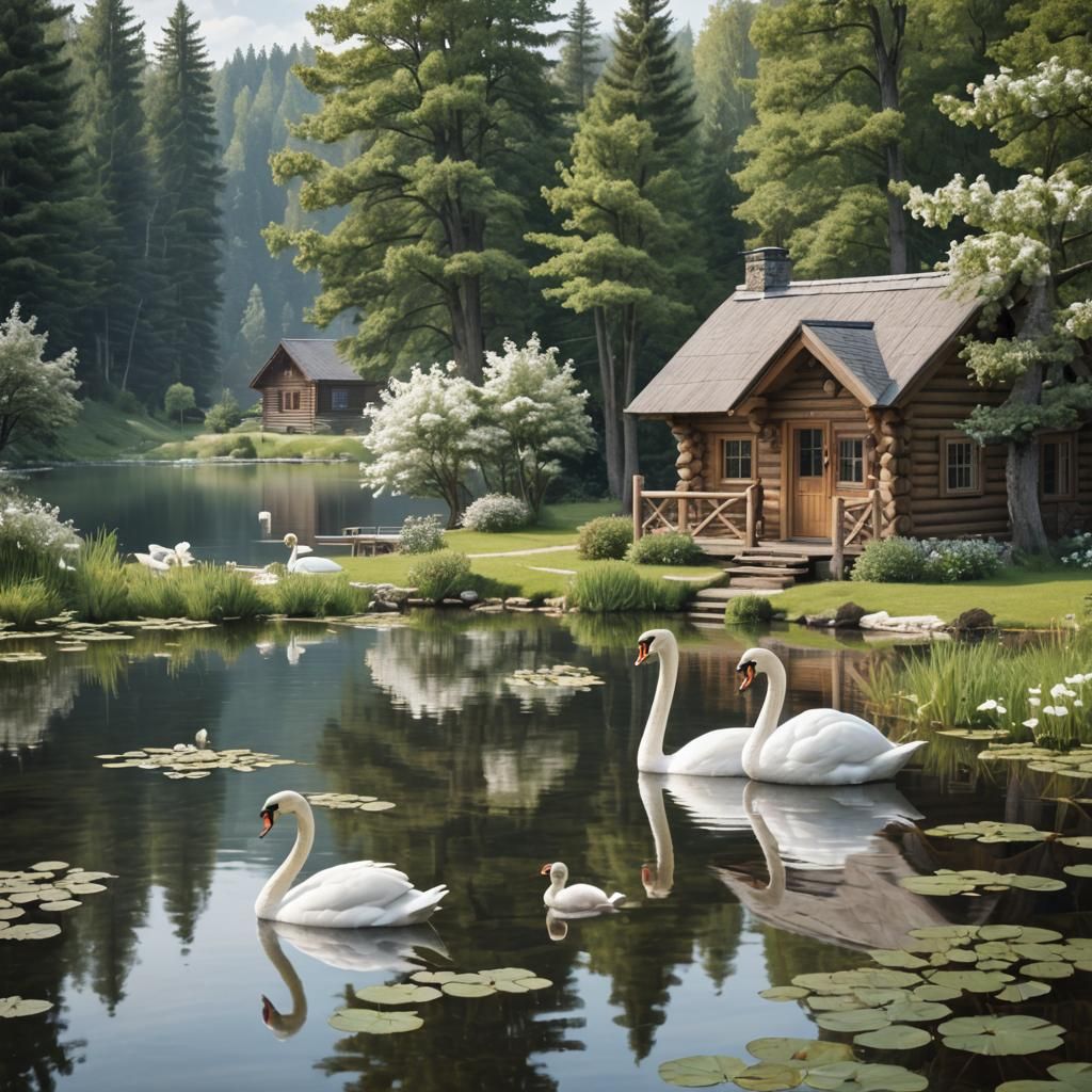 Log Cabin by Lake with White Swans
