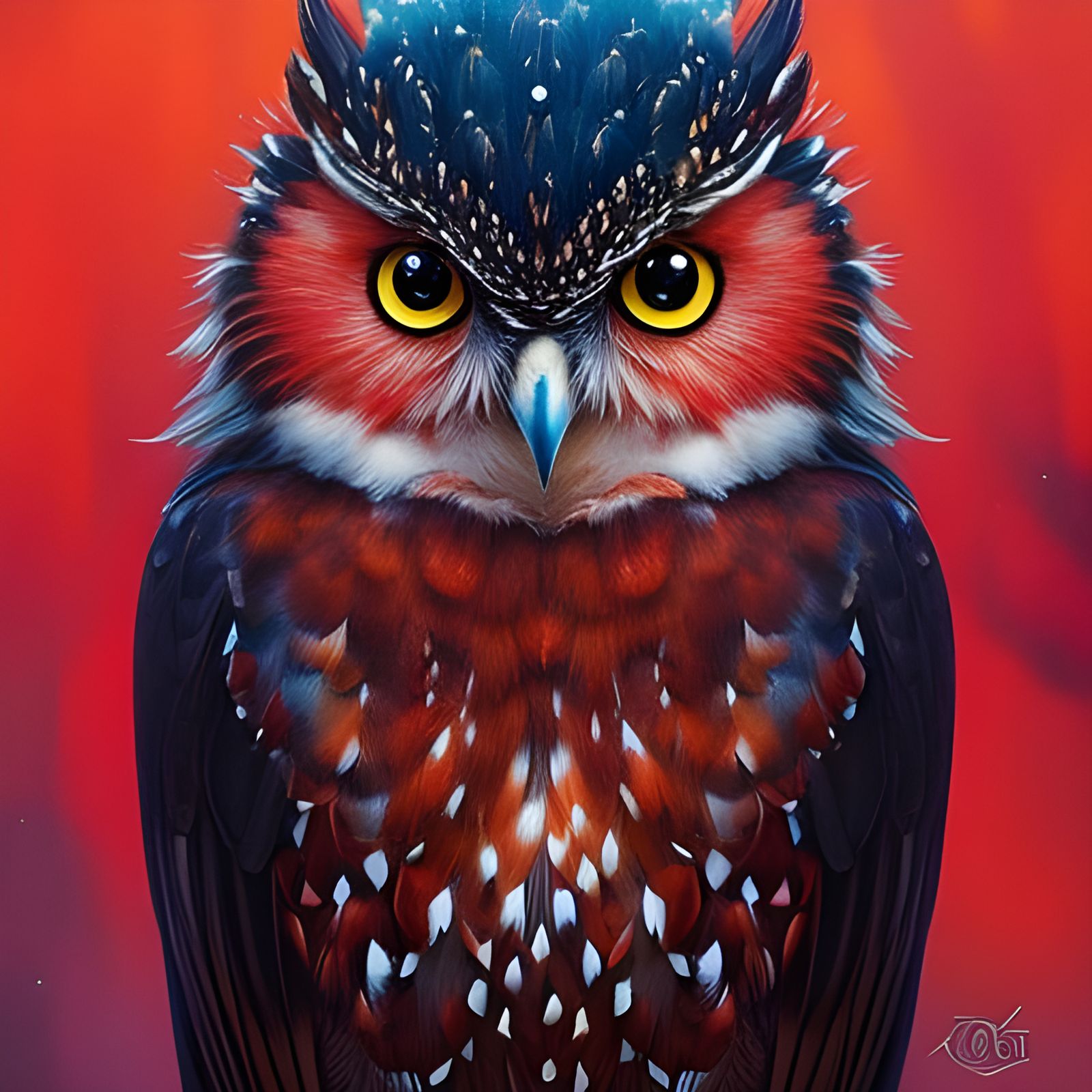 Cute Red Winter Owl Portrait in Liquid Gouache