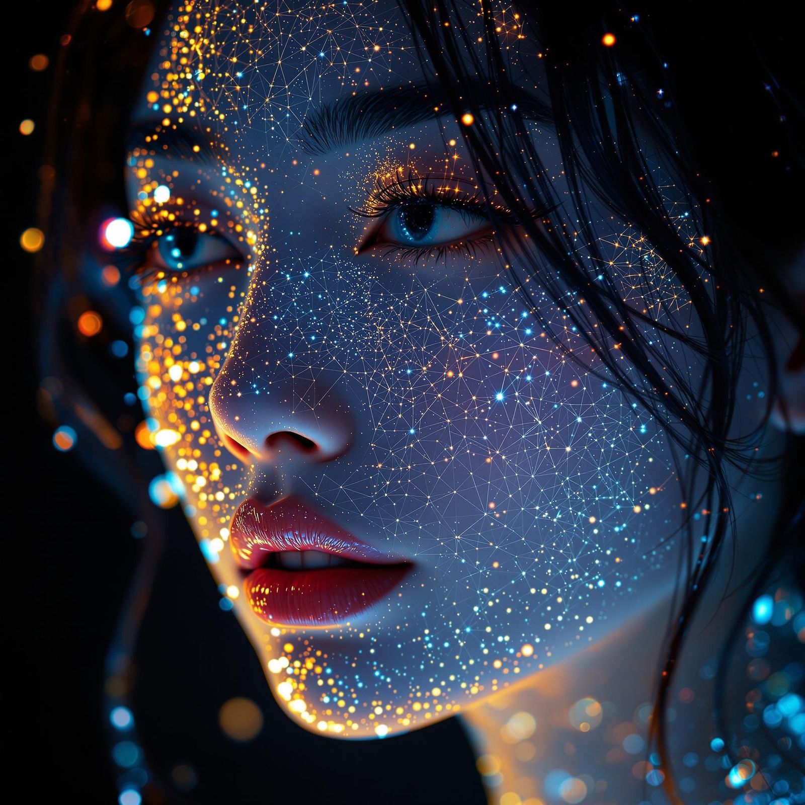 Asian Woman's Face as Shimmering Hologram