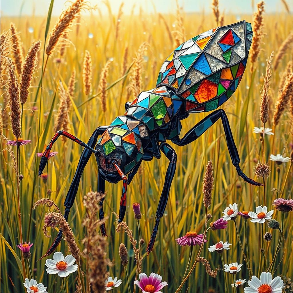Vibrant, Kaleidoscopic Ant Emerges from Sun-Kissed Field