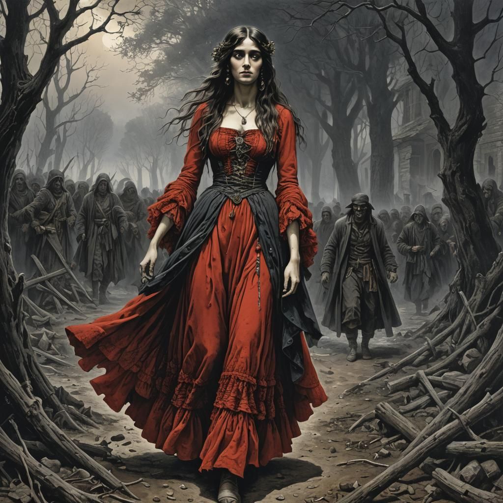 Gothic Horror Figure in Red Dress