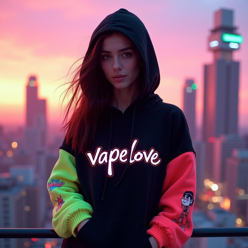 Trendy Woman in Vaporwave Hoodie in Futuristic Cityscape