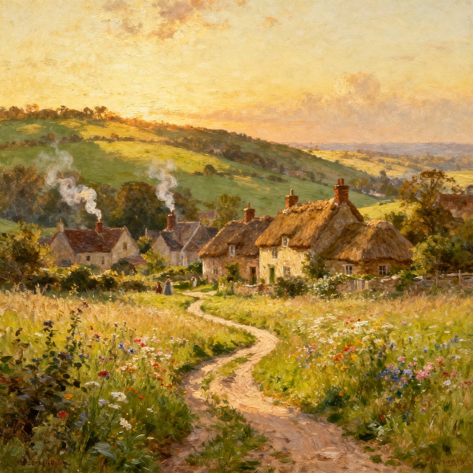 Idyllic 1800s Village Landscape in Golden Hour Oil Painting ...