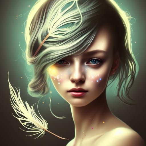 Silver skin metallic bunnie girl golden hair feathers stars ...