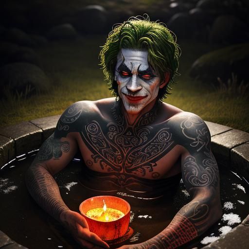 Stunning Celtic tattooed joker in a bath covered with traditional Celtic carvings. Red moon, fire, flames. moss and ice ...