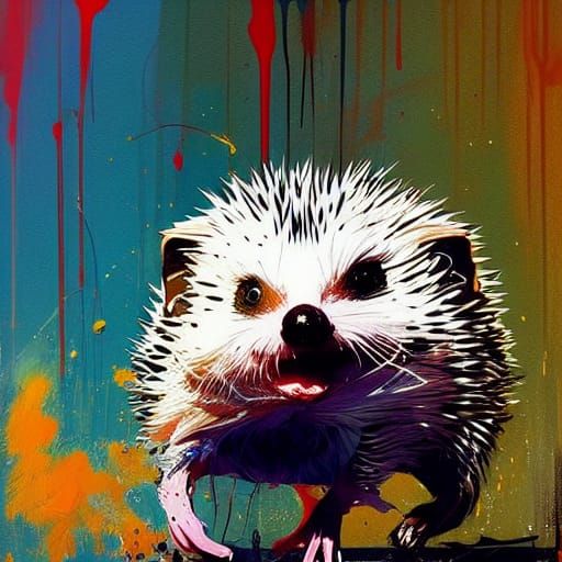 Excited Hedgehog in Maximalist Paint Drip Style