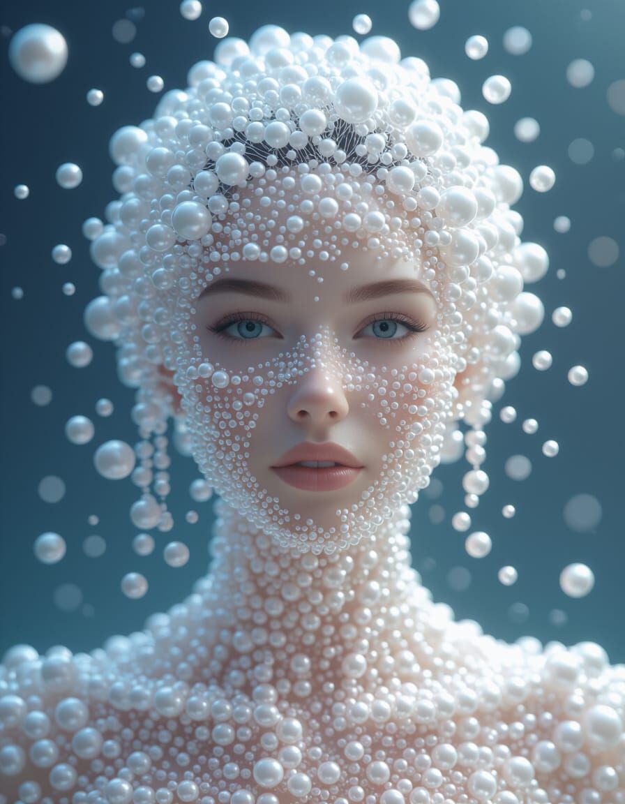 Woman Composed of Glowing Bubbles and Pearls