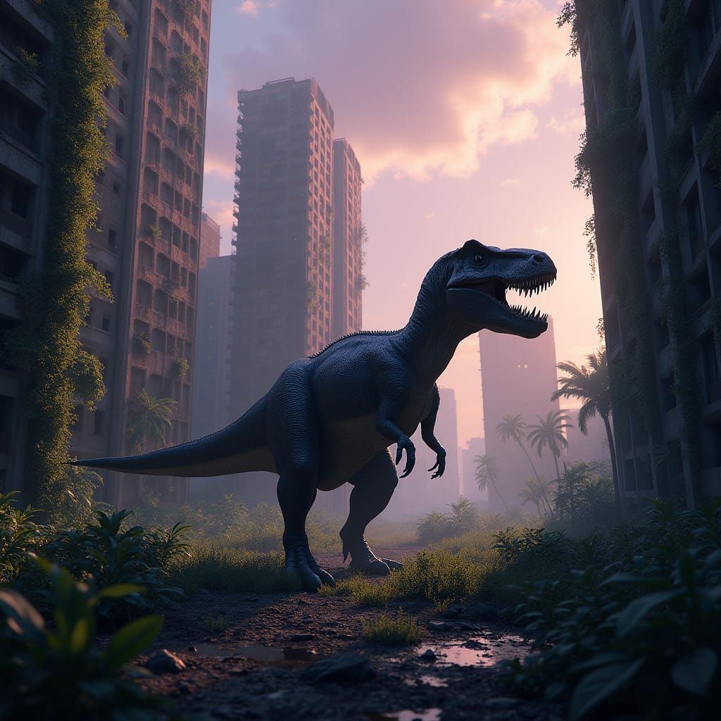 Dinosaurs in Abandoned Cityscape: Dark Fantasy Concept