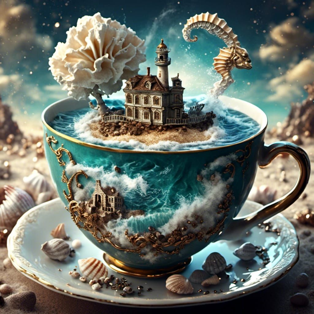 Stormy Ocean in Teacup with Distant Lighthouse