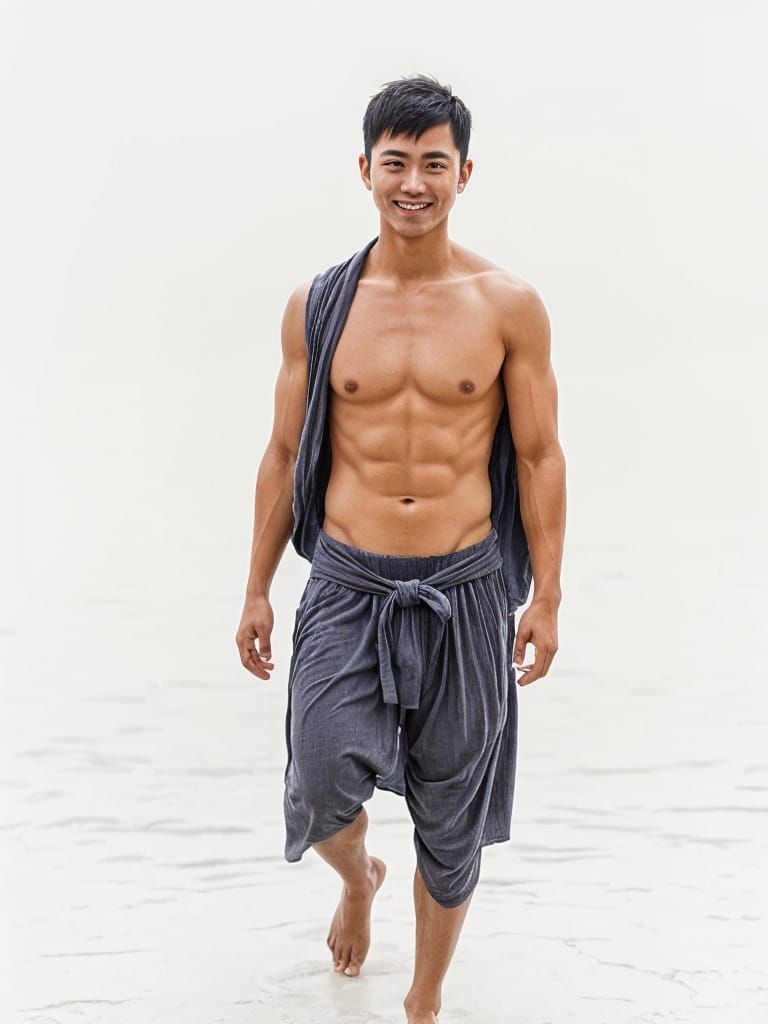 Seductive Japanese Man in Jinbei Against White Background