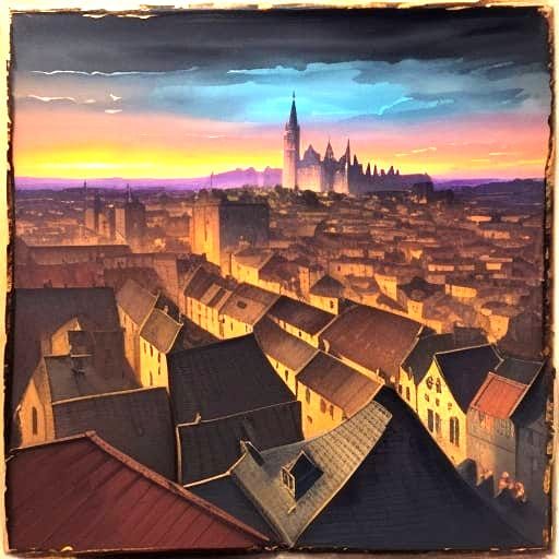 Medieval town silhouetted against a sunset