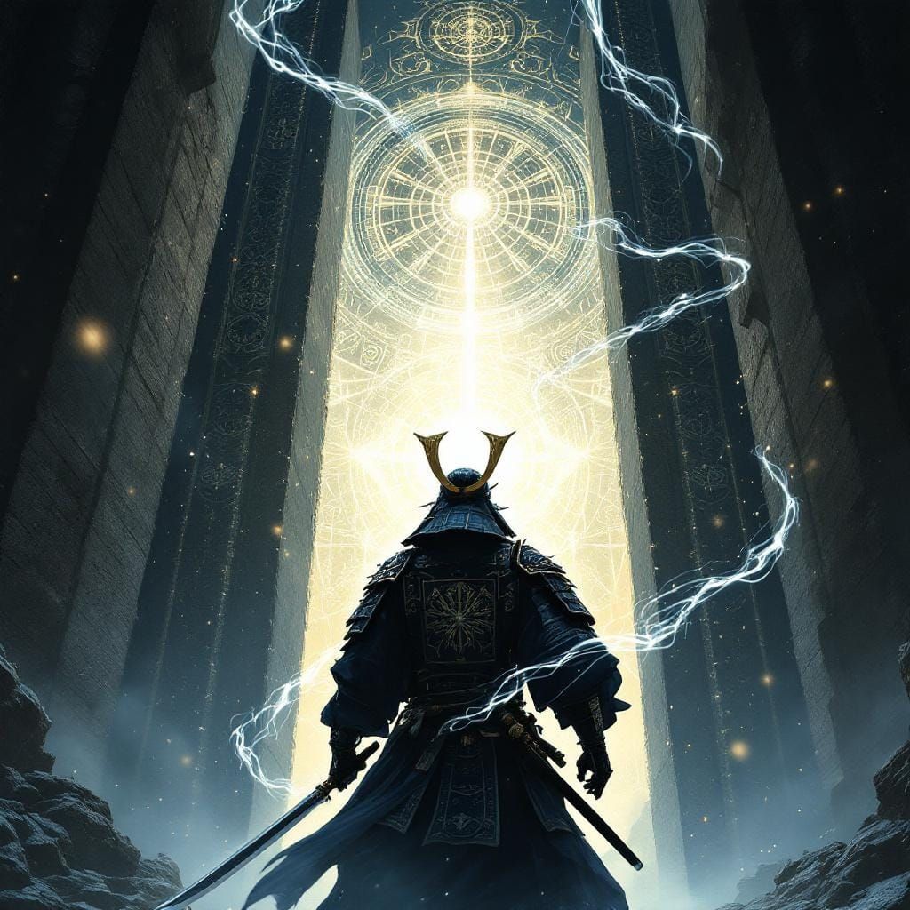 Samurai Warrior Before Glowing Gate: Dark Fantasy