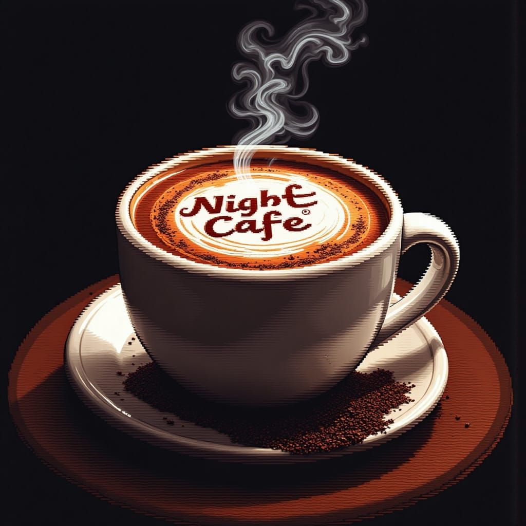 Glitchcore Pixel Art: Steaming Night Cafe Coffee
