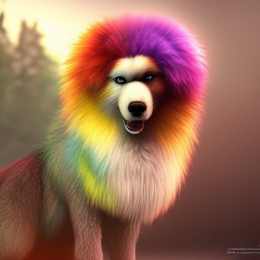 Rainbow Fur Fluffy Dog in Detailed Digital Painting