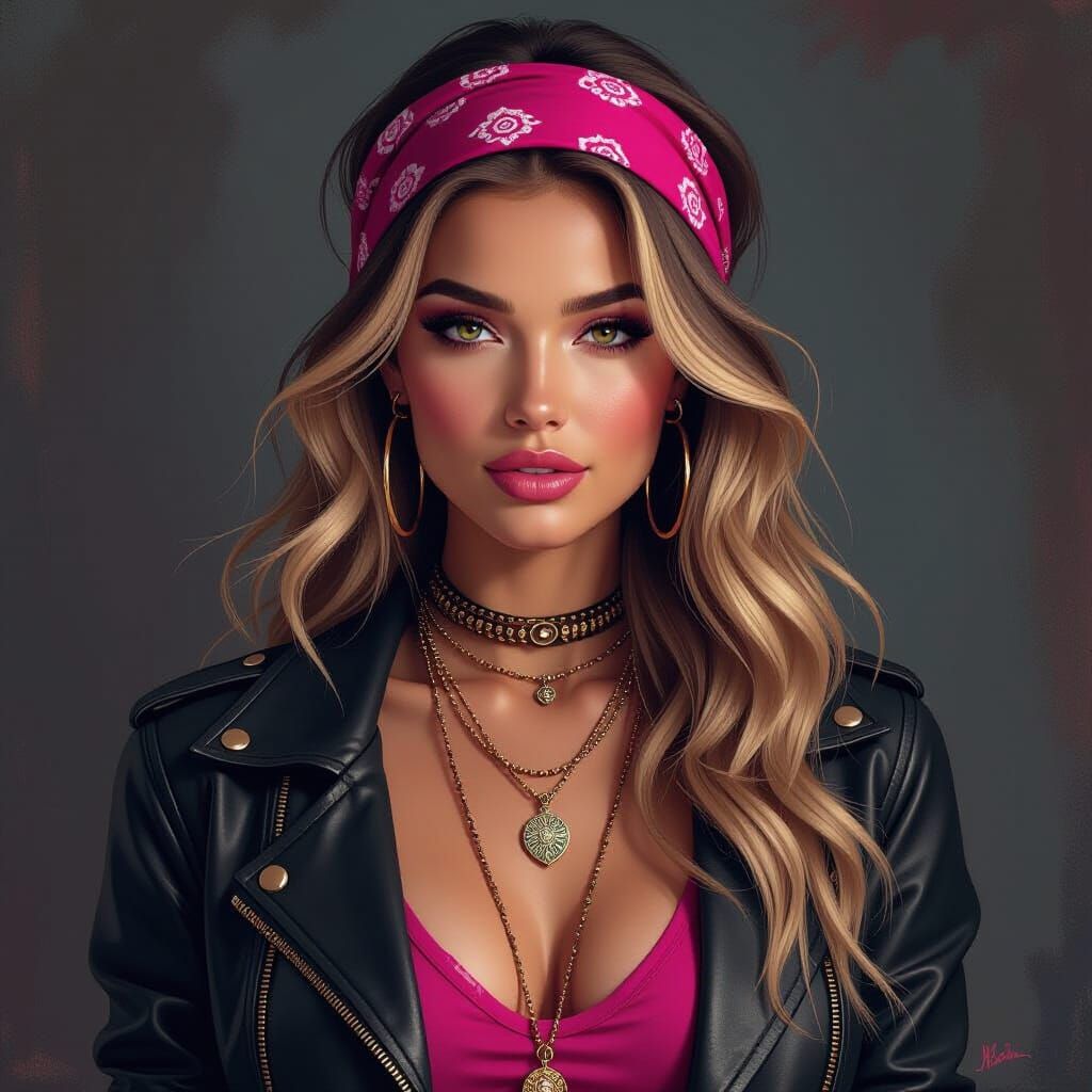 A captivating digital portrait created with acrylic and vivid oils of a mysterious woman with long, wavy blonde hair and...