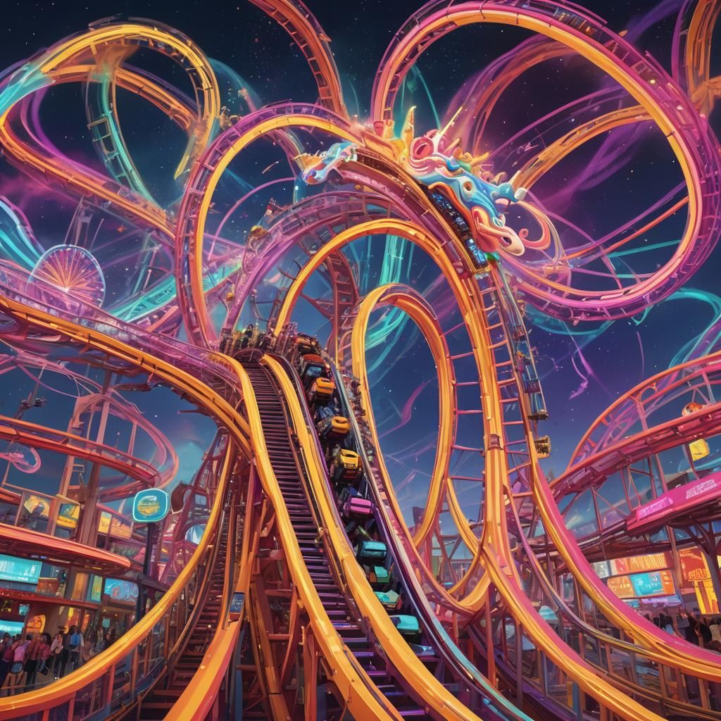 Psychedelic Roller Coaster in Neon Sky: Digital Art