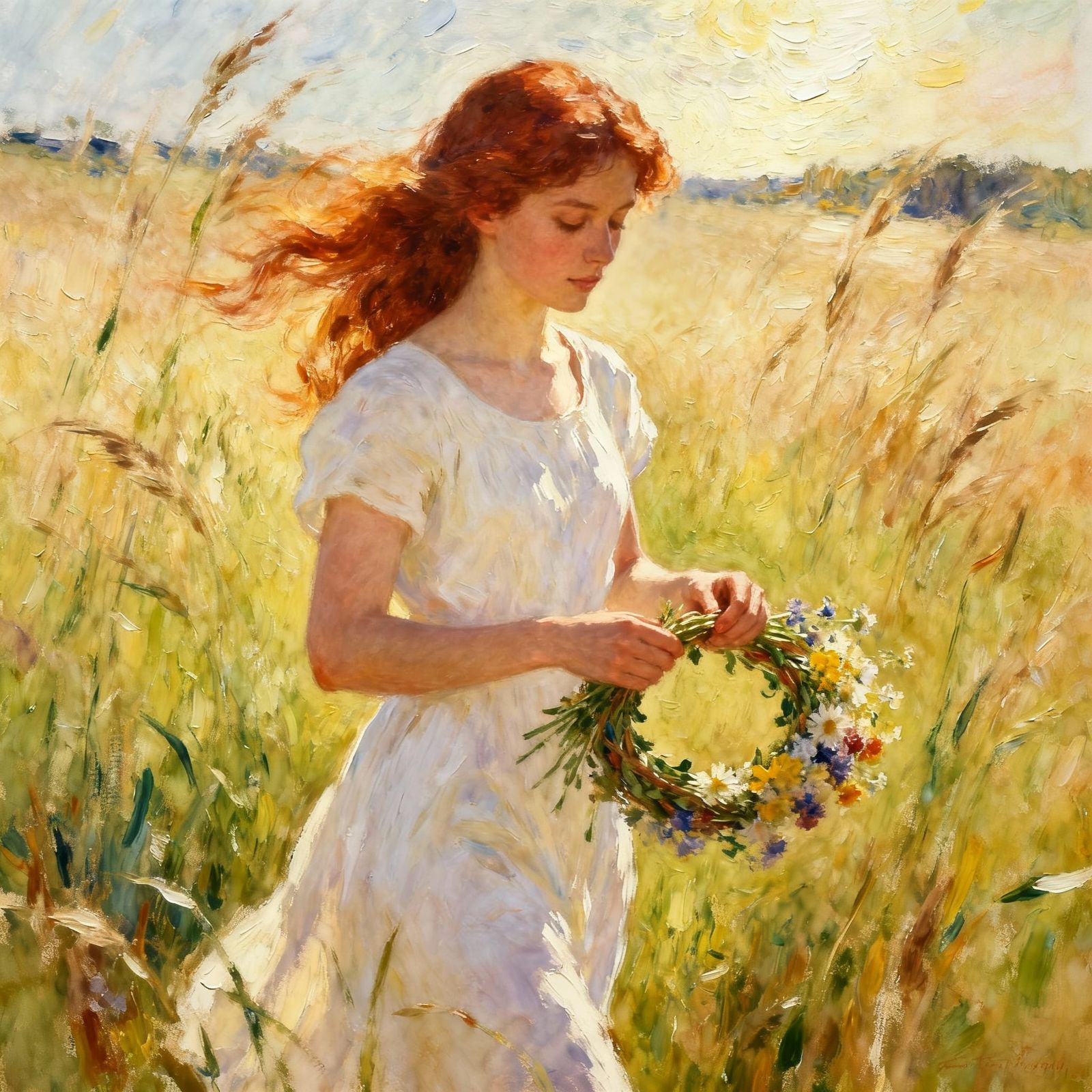Woman Weaving Wildflower Wreath in Sunlit Meadow