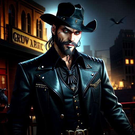 Handsome Vampire Cowboy in Los Angeles With Crows