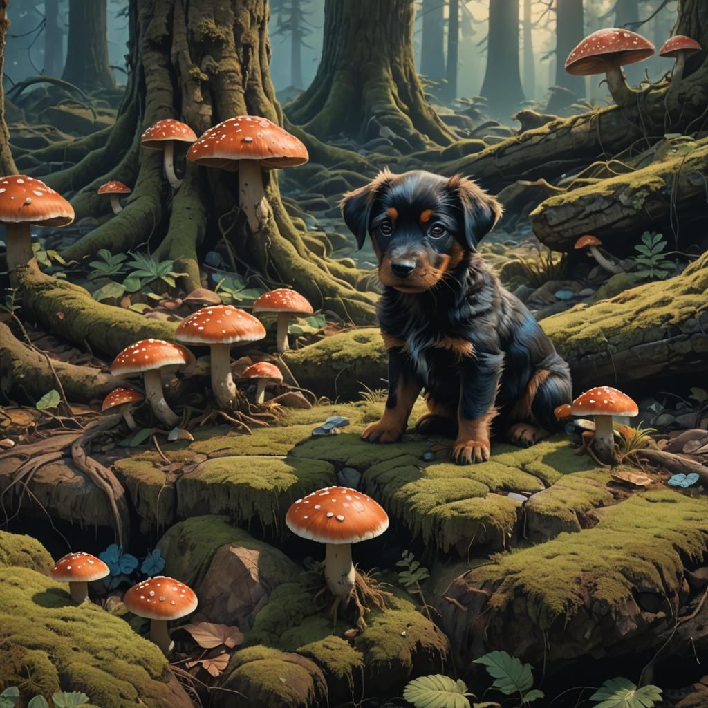 Mystical Puppy in Enchanted Forest: Digital Matte Painting