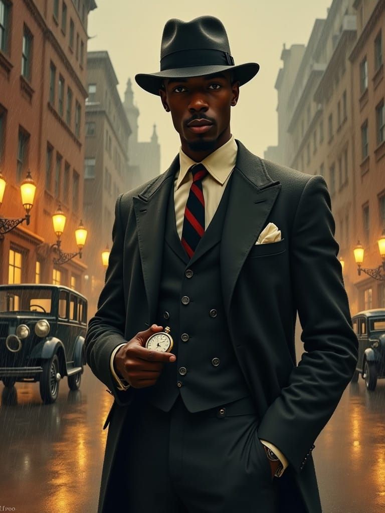 Gothic Romantic Gentleman in 1920s Cityscape with Rainy Stre...