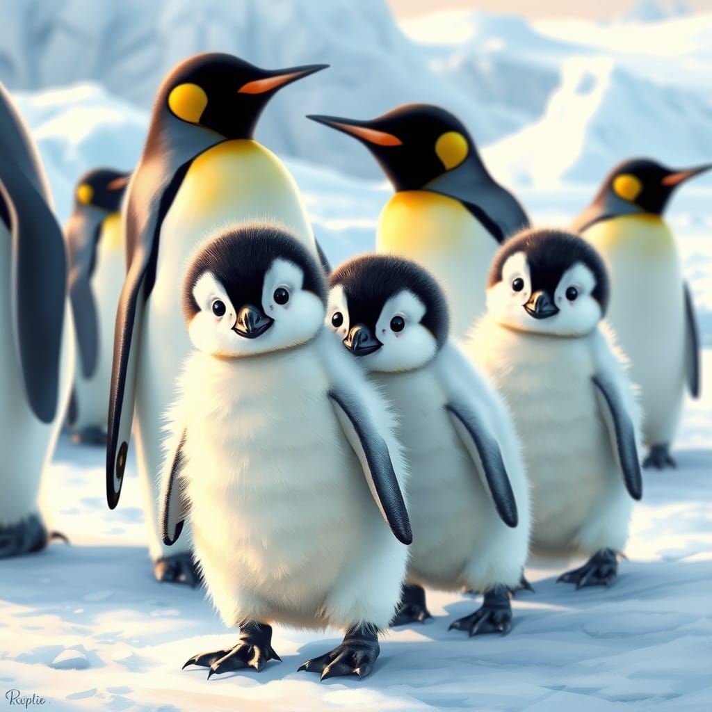 Emperor Penguin Chicks in Antarctic Landscape with Fluffy Fe...