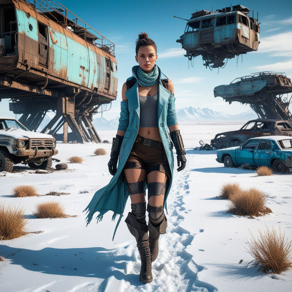 Glamorous Cyberpunk Woman Walks in Post-apocalyptic Ice Dese...