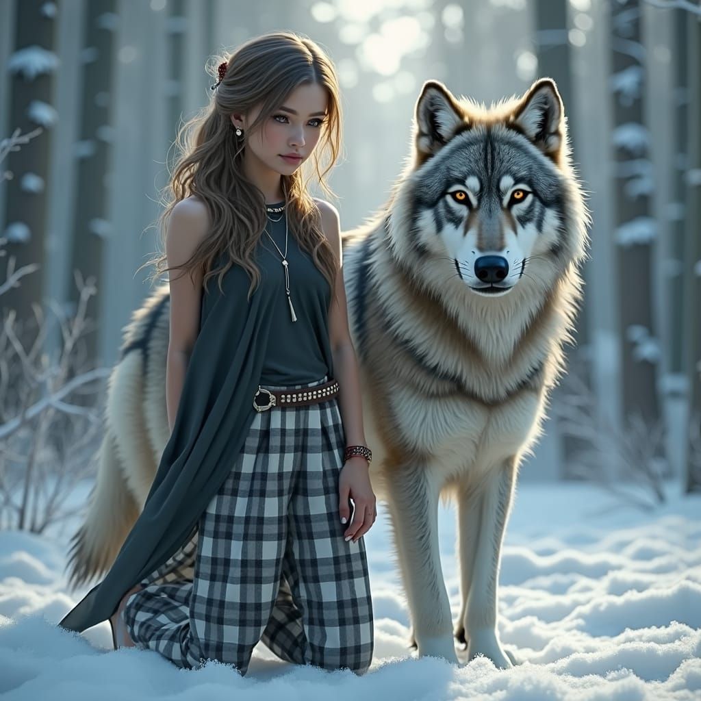 Woman and Wolf in Mystical Winter Forest