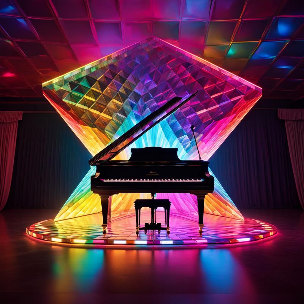 Diamond Piano in Glass Pyramid: Hyperreal Art