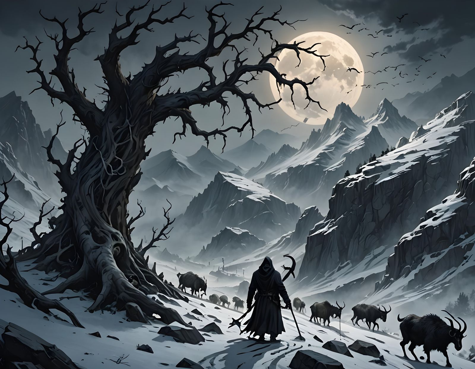 Dark Reaper Harvests in a Snowy, Twisted Landscape