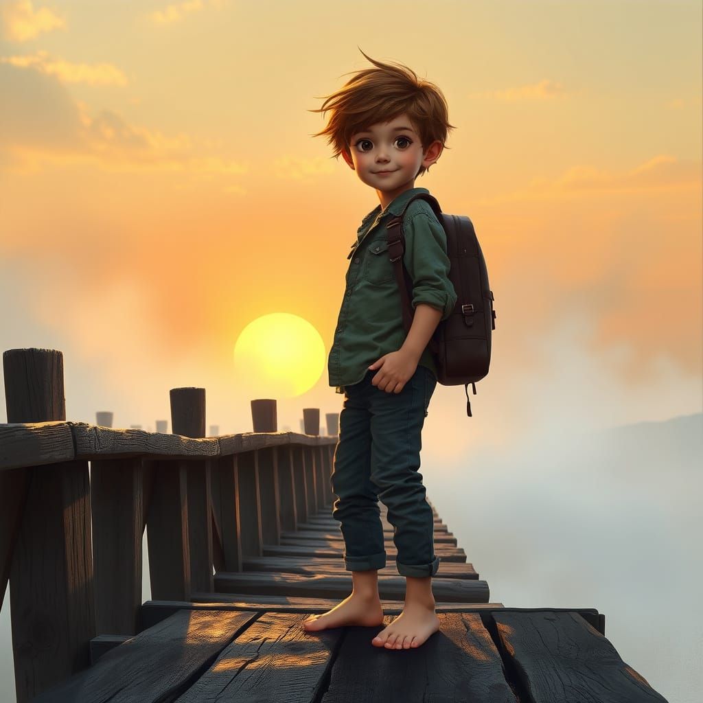 Child on Bridge in Fog, Atmospheric Landscape