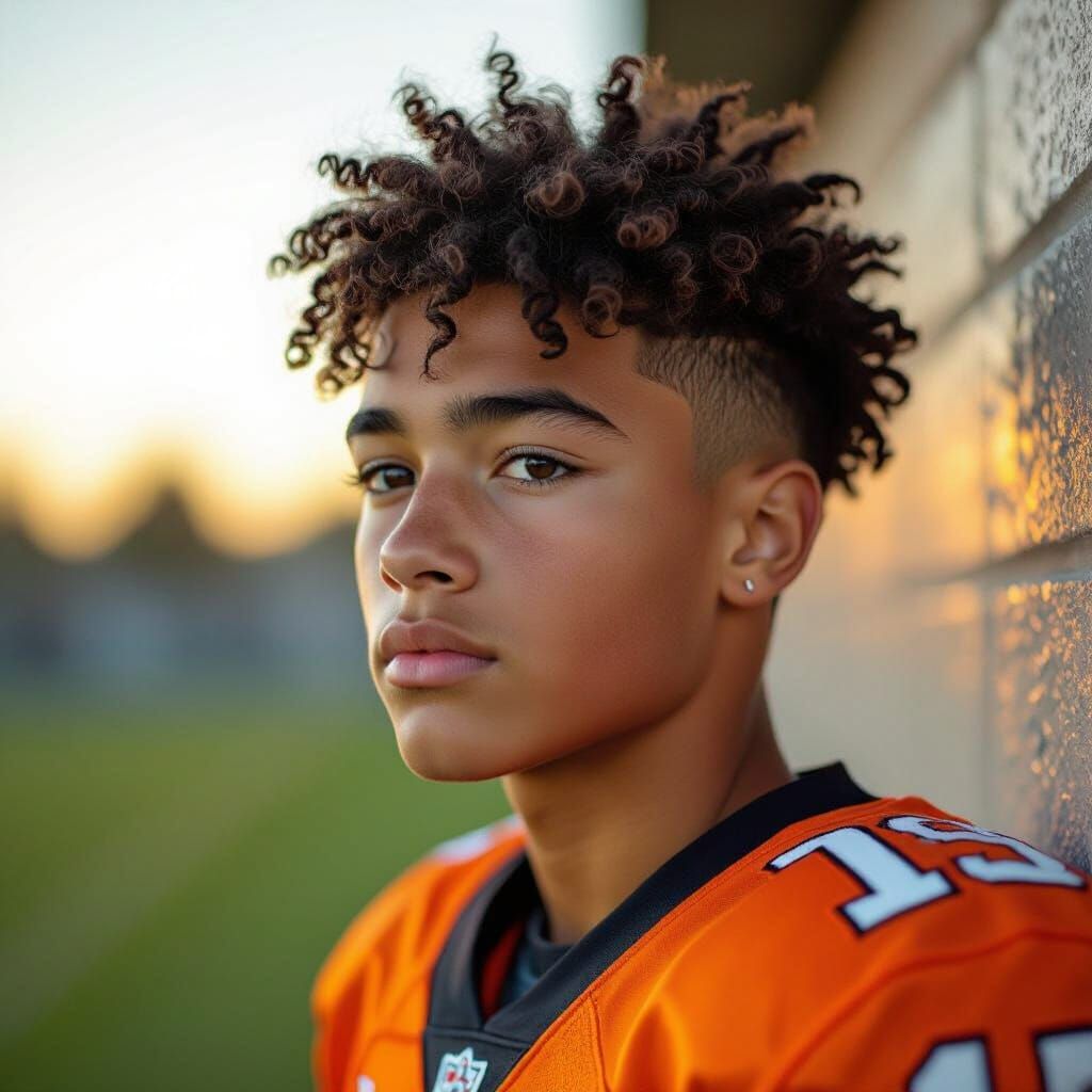 Young Athlete in Curly Mohawk with Football Gear