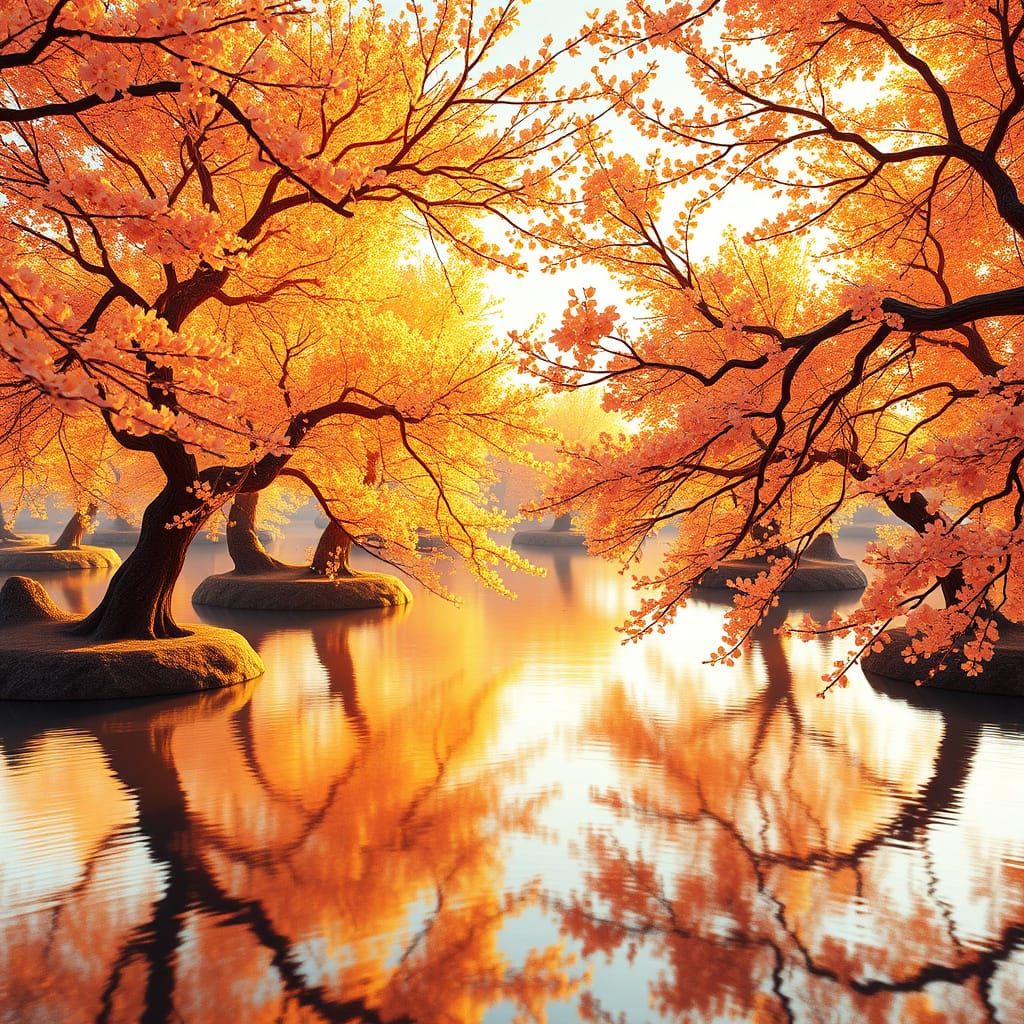 Surreal Gold Cherry Blossom Garden in 8K