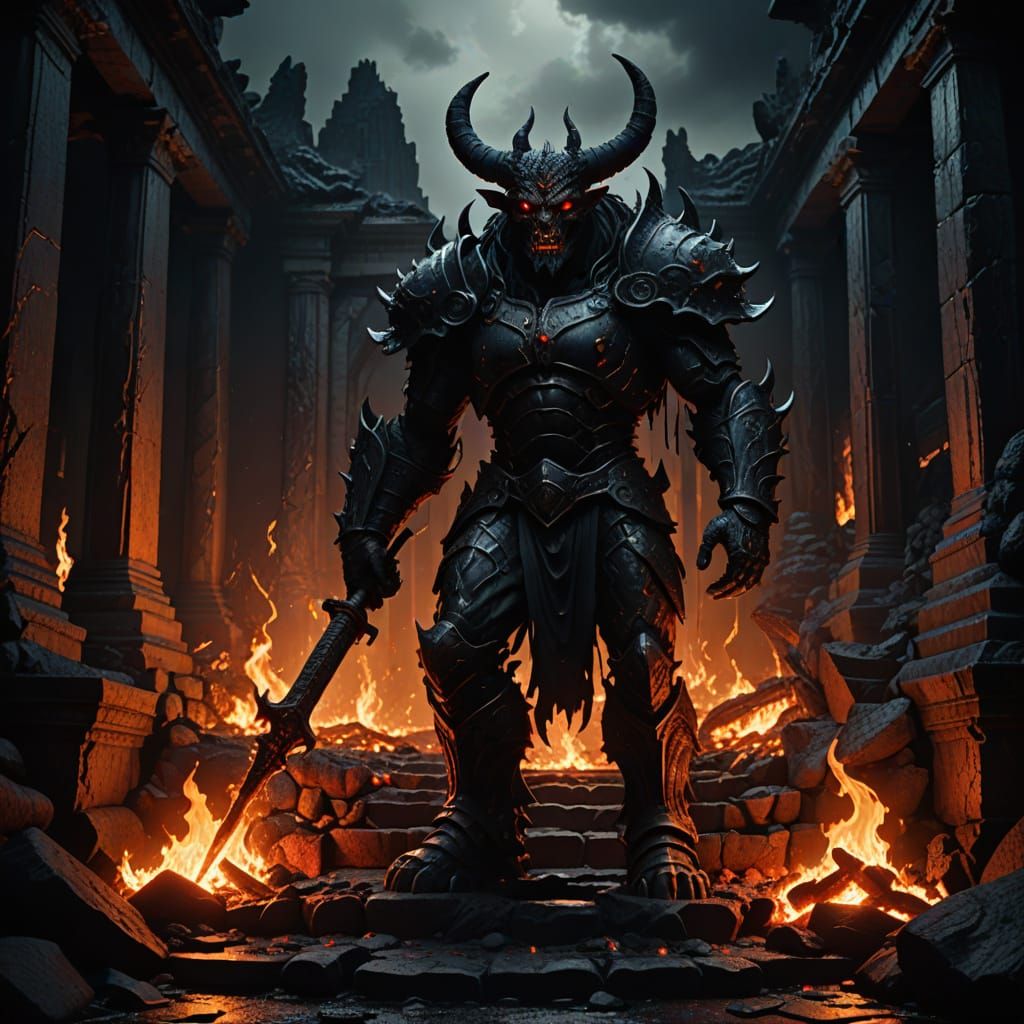 Dark Fantasy Demon in a Ruined Temple Amidst Lava