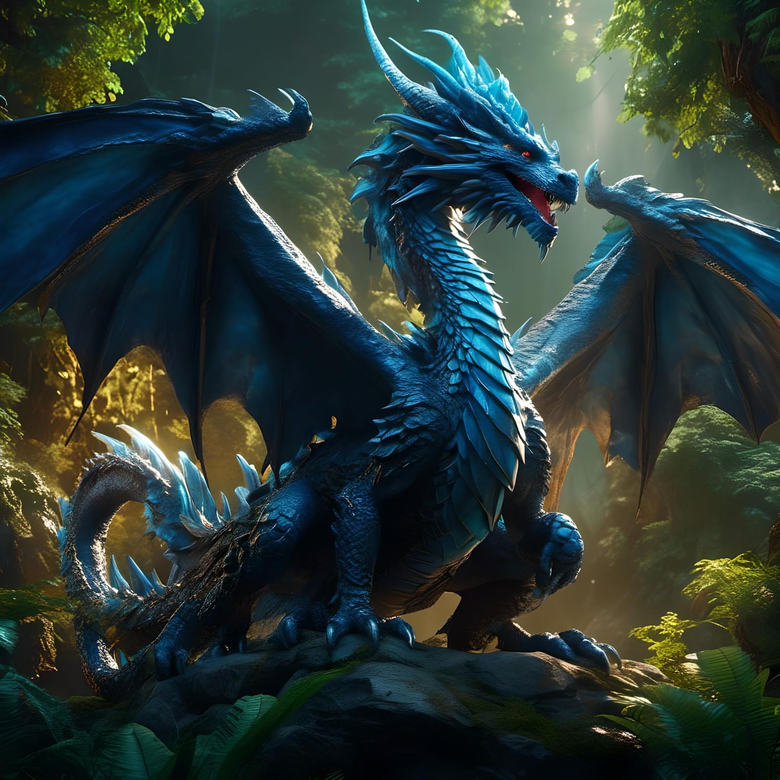 Dramatic Toy Blue Dragon in Ancient Forest