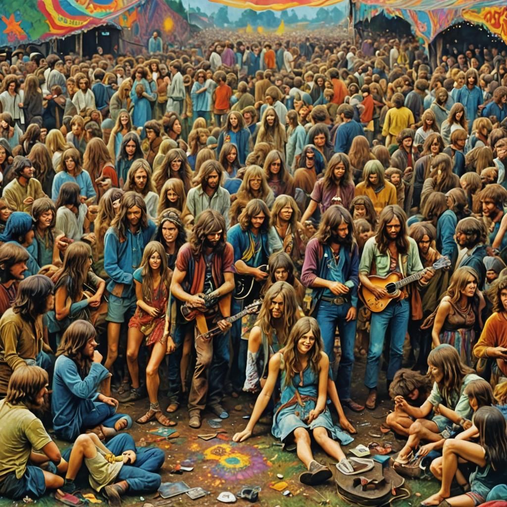 Hippies at Woodstock: Hyperdetailed Scratchy Oil Painting
