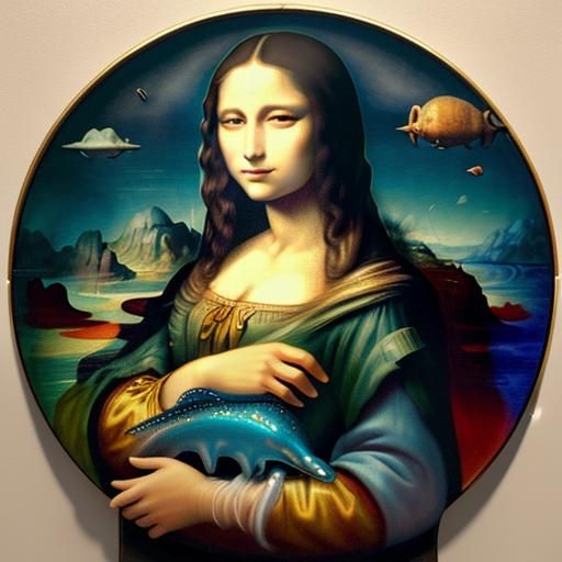 Mona Lisa is swimming under water surrounded by colourful co...