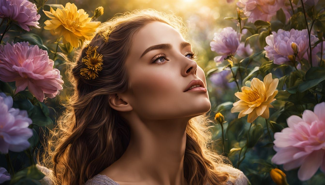 Golden Woman in Lush Garden, Vibrant Oil Painting Style