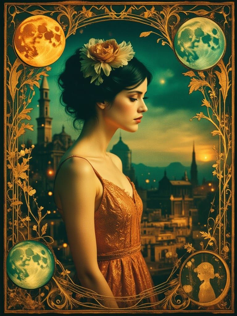 Romantic Woman Under Three Moons in Alien Landscape