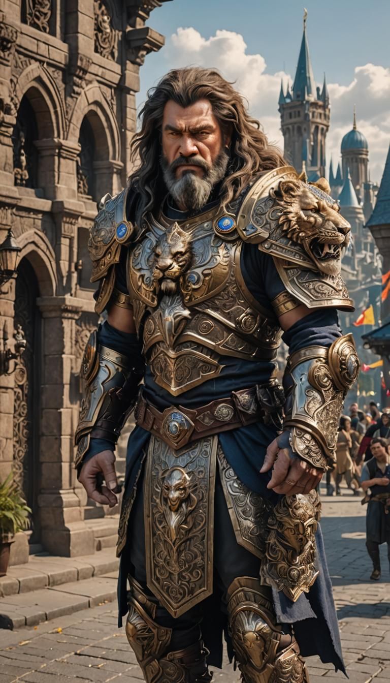 Armored Man with Lion Pauldron in Warcraft Style