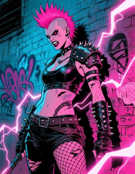 Fierce Punk Rock Warrior Woman in Neon Graffiti Scene