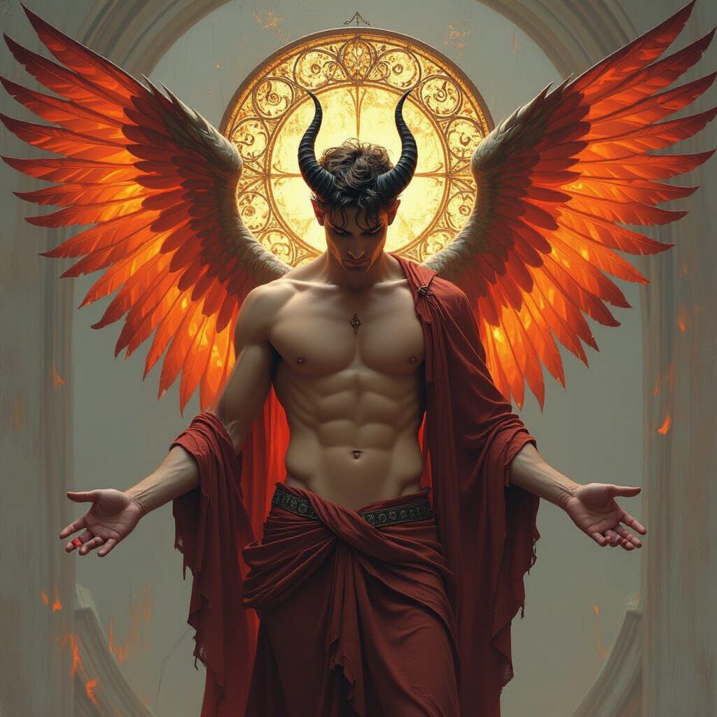 Fiery Fallen Angel in Byzantine Art Nouveau Style
