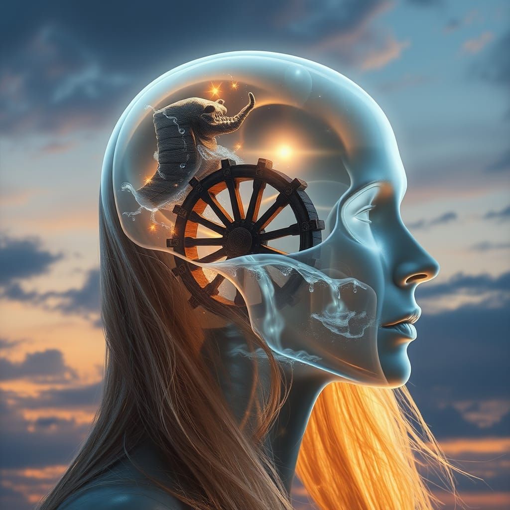 Ethereal Goddess with Majestic Water Wheel in Twilight Sky
