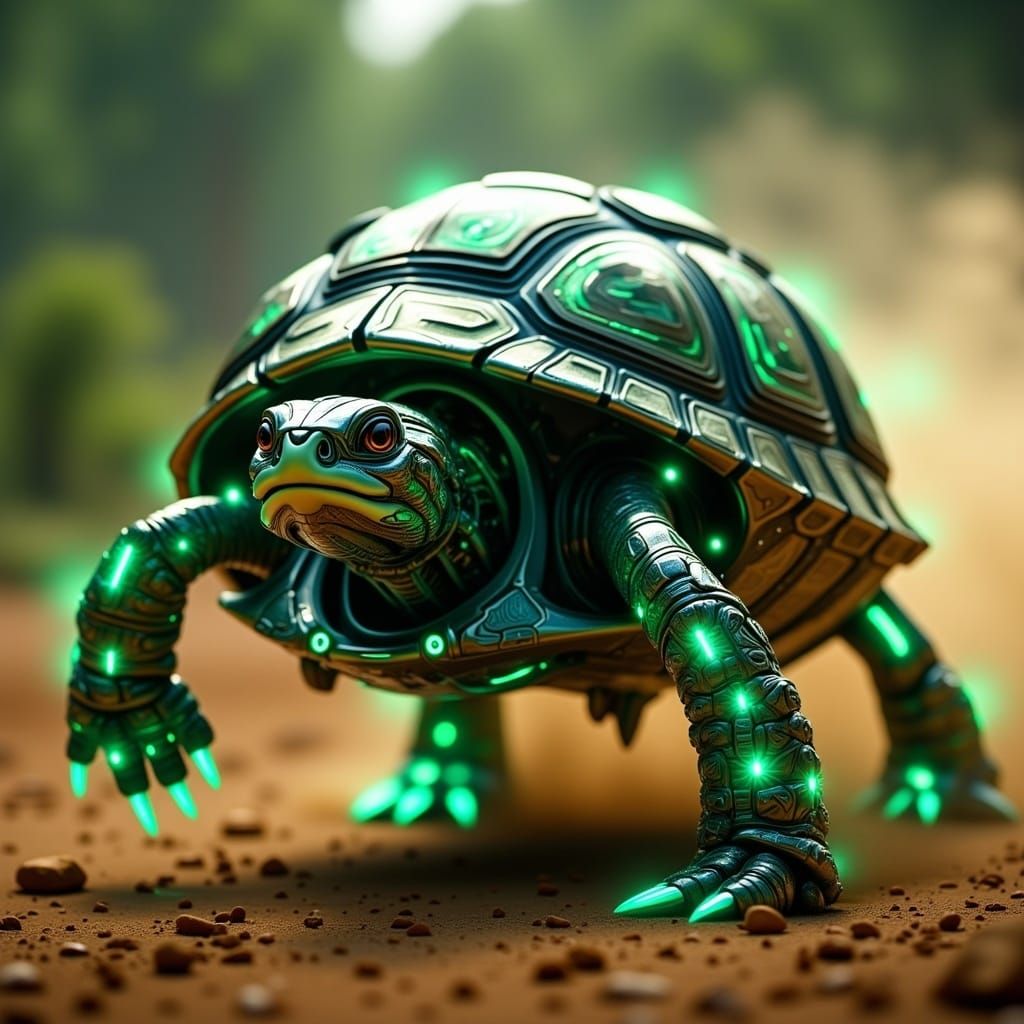 Glowing Green Cyborg Turtle Charges Forward