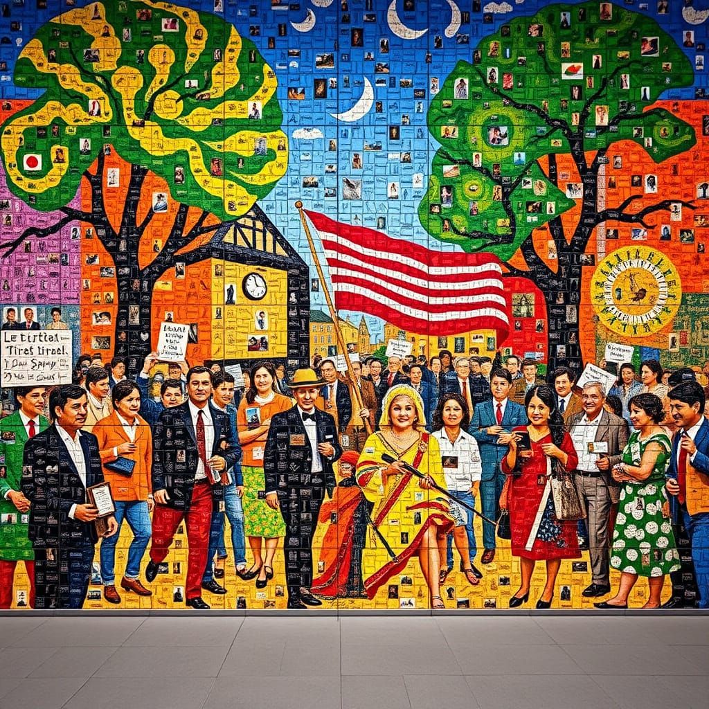 Historical Event Mosaic Mural in Photojournalism Style