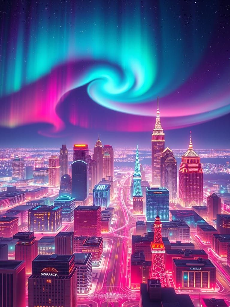 Ethereal Bismarck Cityscape with Radiant Cubes and Swirling ...