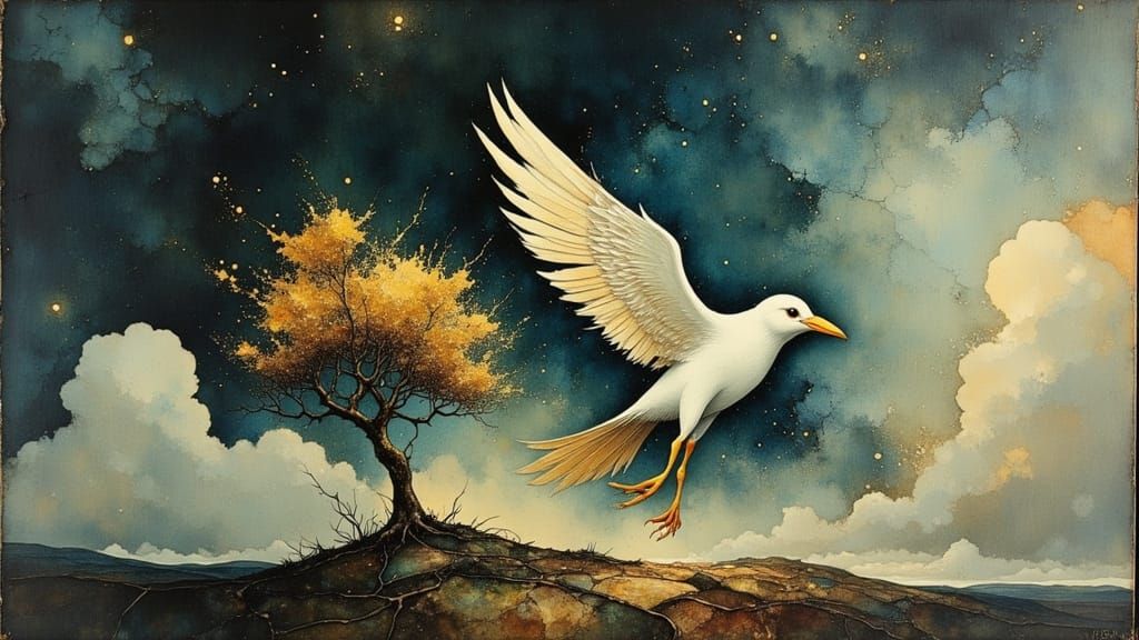 Broken Bird's Struggle in Surreal Storm Landscape