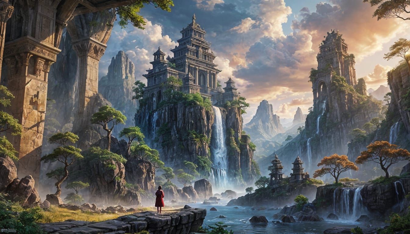 Floating Islands and Temples in a Luminous Sky